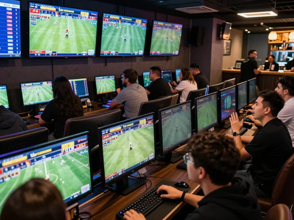 Excited bettors analyzing tỷ lệ kèo nhà cái in a modern sports betting lounge full of screens and vibrant energy