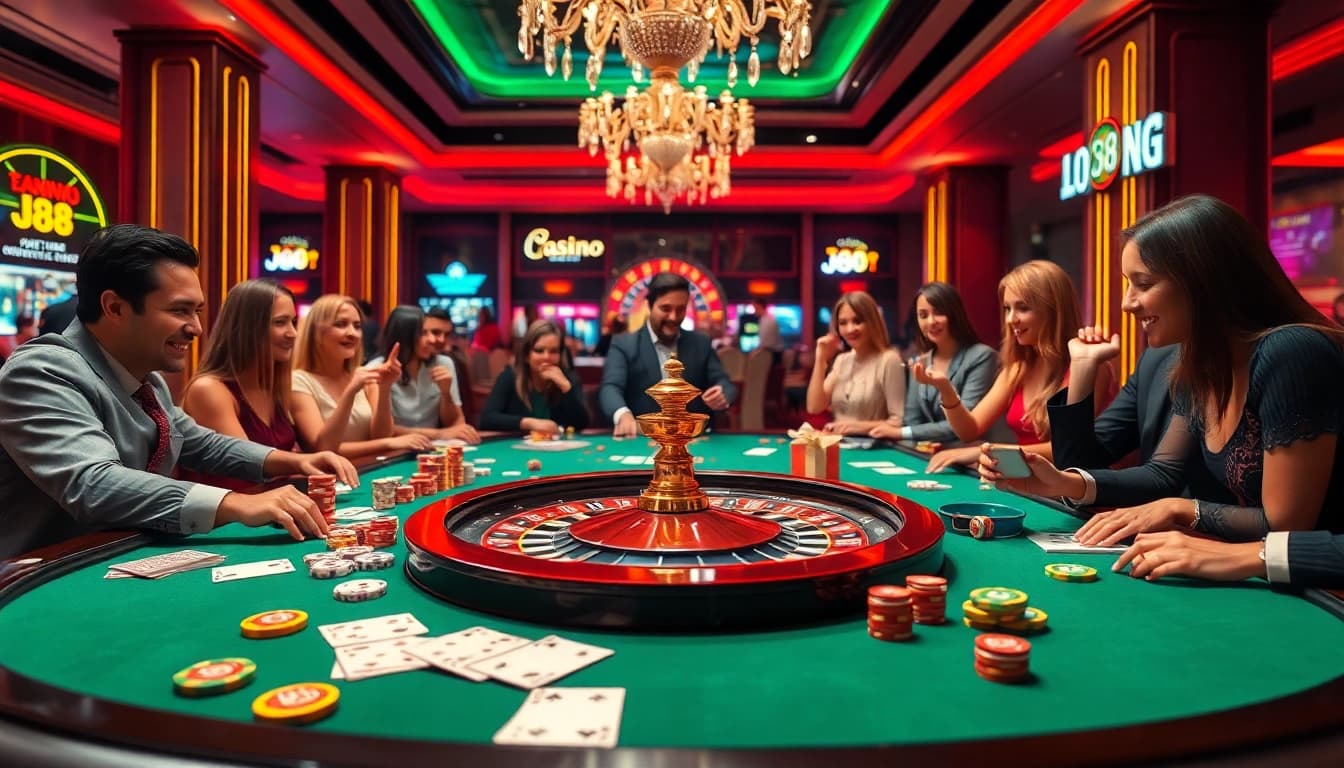 Exciting J88 casino table with players engaged in high-stakes betting.