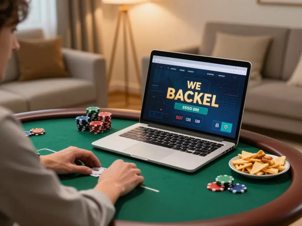 Engaging in online poker with hi88 on a cozy home setup, showcasing poker chips and snacks.