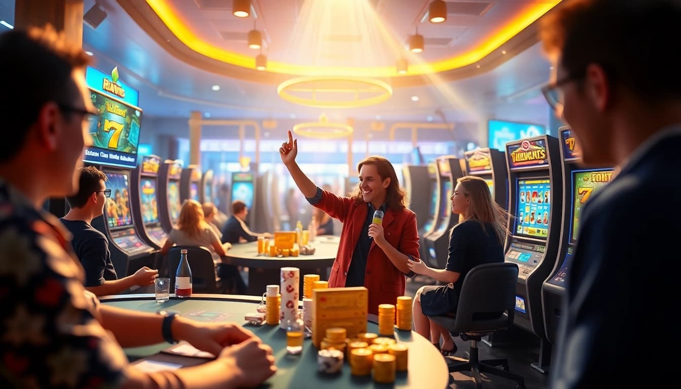Exciting scene of players enjoying the Rikvip online gaming portal, showcasing card and slot games.