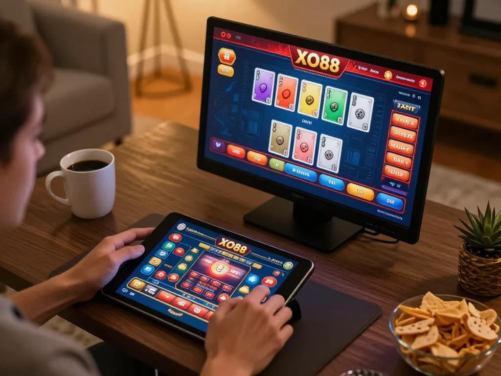 Experience thrilling gameplay with XO88 on a tablet in a cozy home setting.