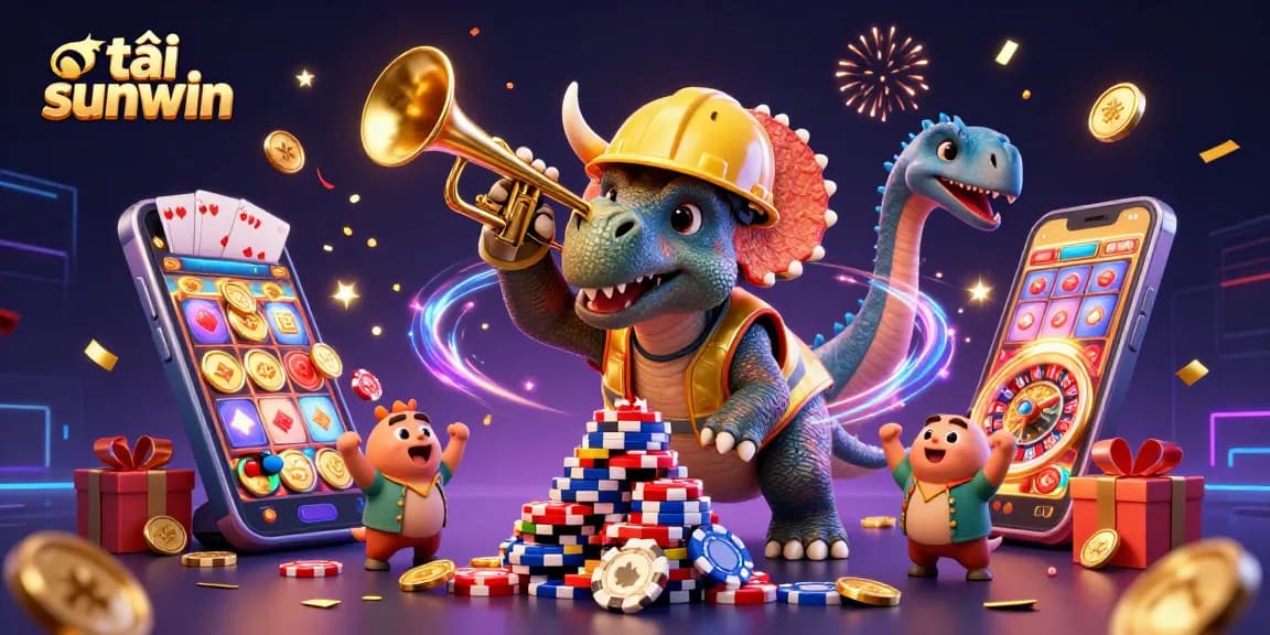 Engage with the vibrant tải sunwin scene showcasing celebratory casino elements and fun characters.