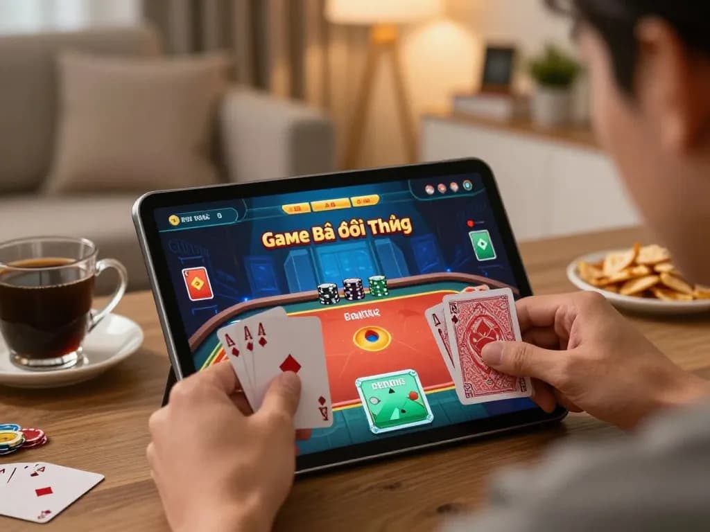 Engaging in Game Bài Đổi Thưởng with an online poker game on a tablet in a cozy home setting