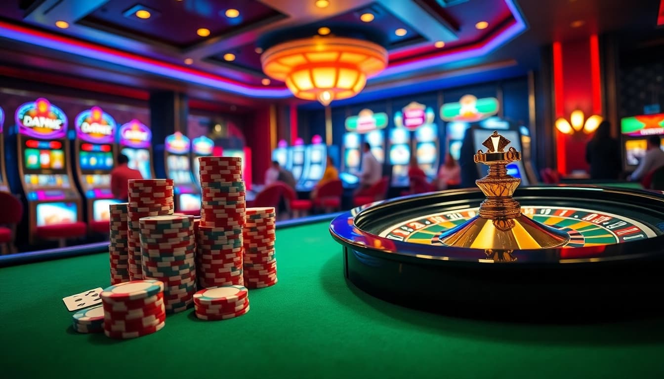 Experience the excitement of HZ88 with vibrant casino games, poker chips, and a roulette wheel in a luxurious setting.