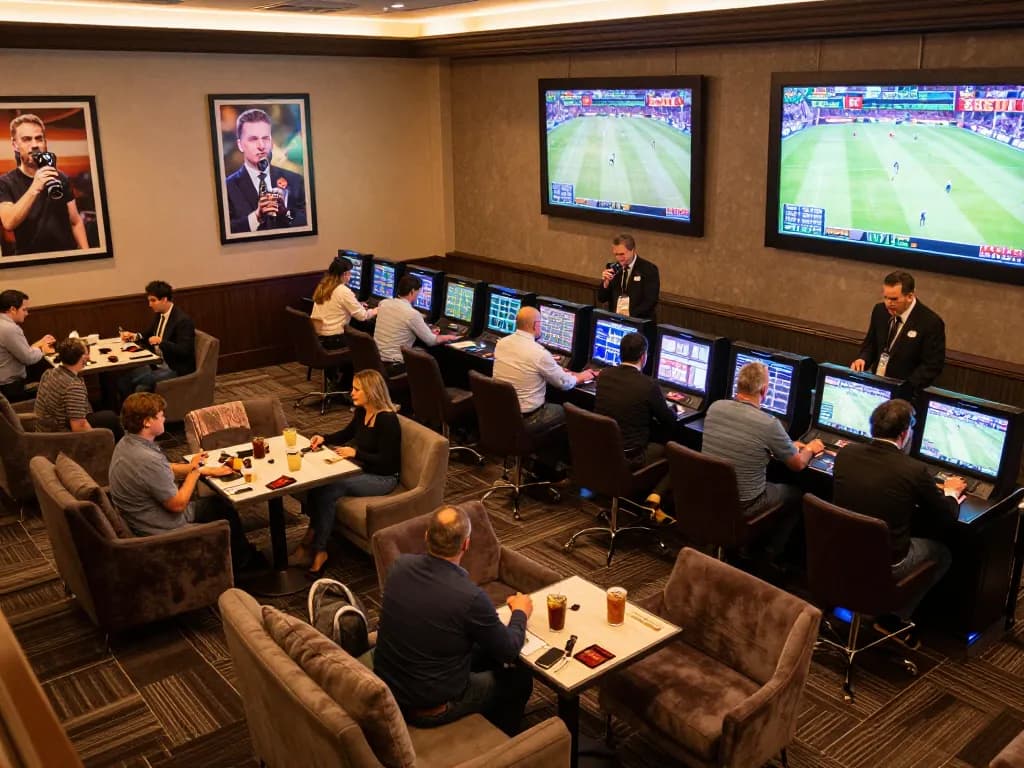 Excited patrons engaging in sports betting at tylekeonhacai88, surrounded by live game displays and inviting lounge