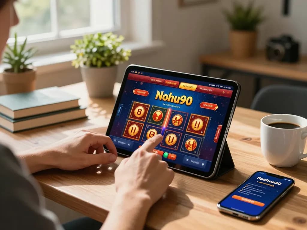 Nohu90 player engaging in online gaming on a tablet in a cozy home setup with personal touches.