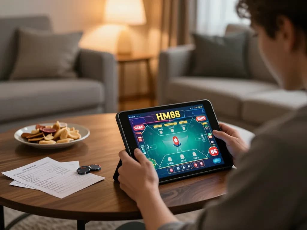 HM88 player reviewing strategies while enjoying home poker gameplay on tablet.