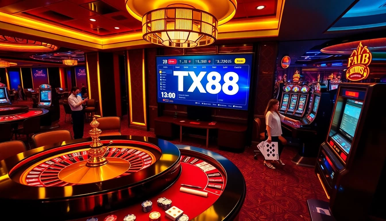 TX88 platform showcasing vibrant casino action with players engaging at tables and slot machines.