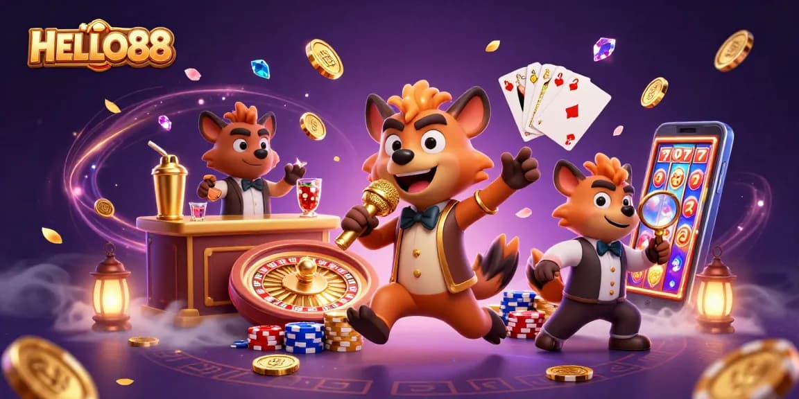 HELLO88 brings excitement as hyenas perform stand-up comedy in a vibrant casino scene filled with games.