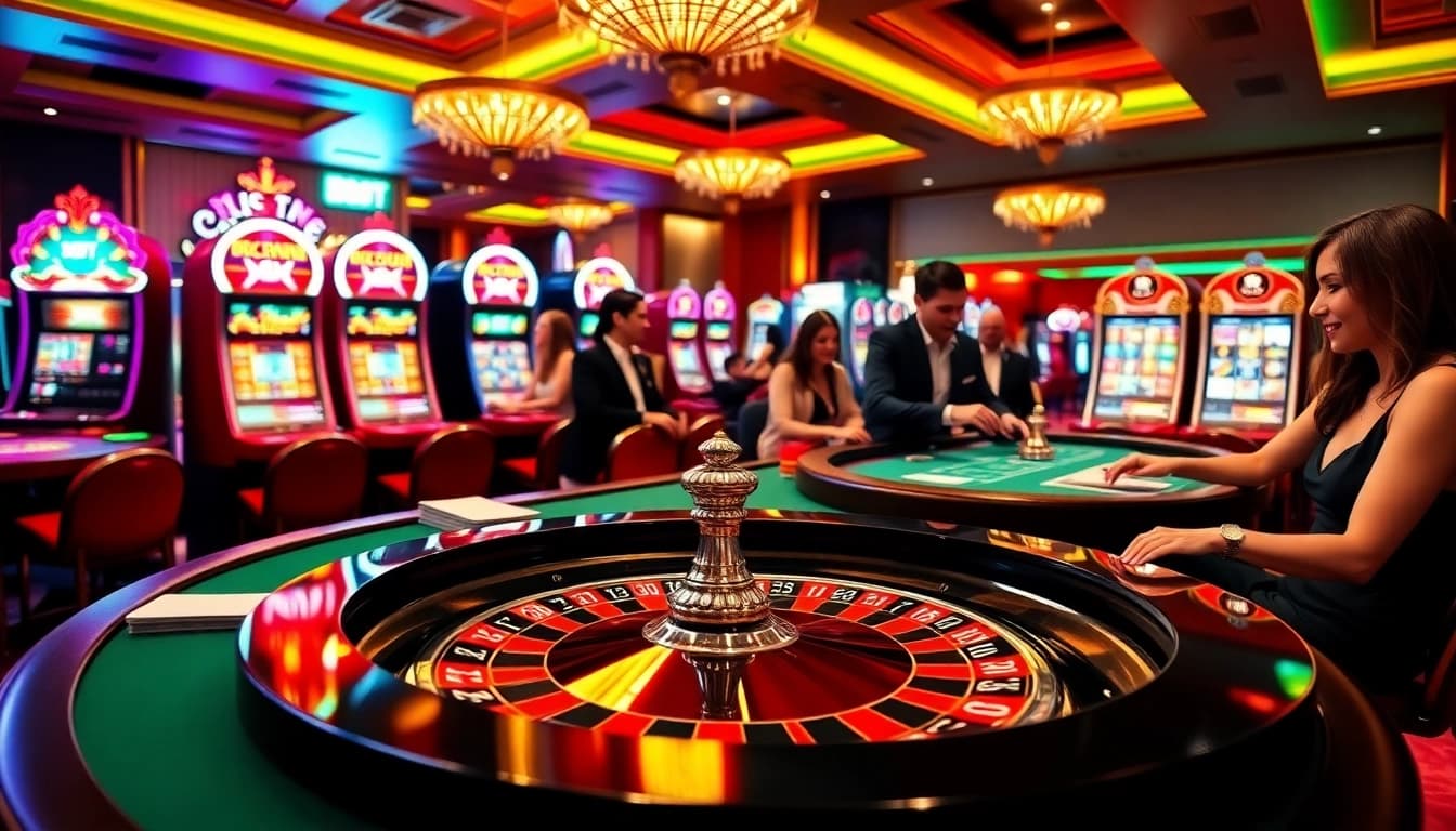 Experience the excitement at i9bet with a vibrant casino scene featuring poker tables and lively players.
