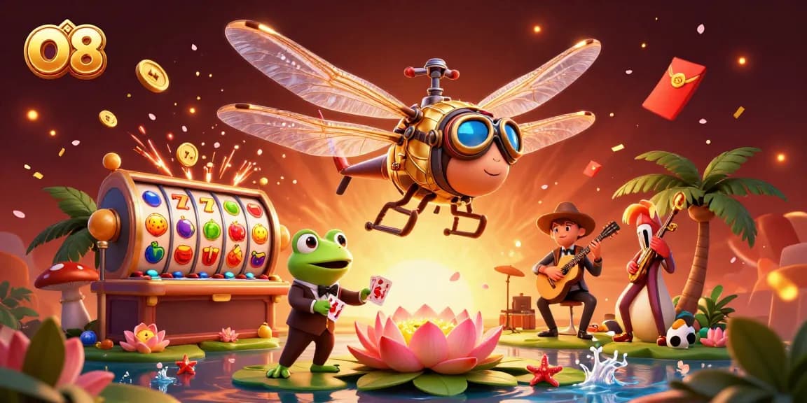 Engaging O8 online casino scene with a dragonfly pilot, a frog croupier, and jazz-playing crickets.