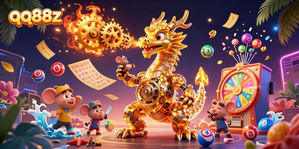 Engage with the thrilling action of qq88z, showcasing a golden dragon and lottery elements in an exciting casino scene.
