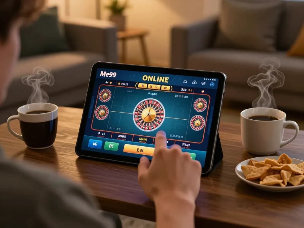 Engaging in online casino action with Me99 on a mobile device in a cozy home setting.