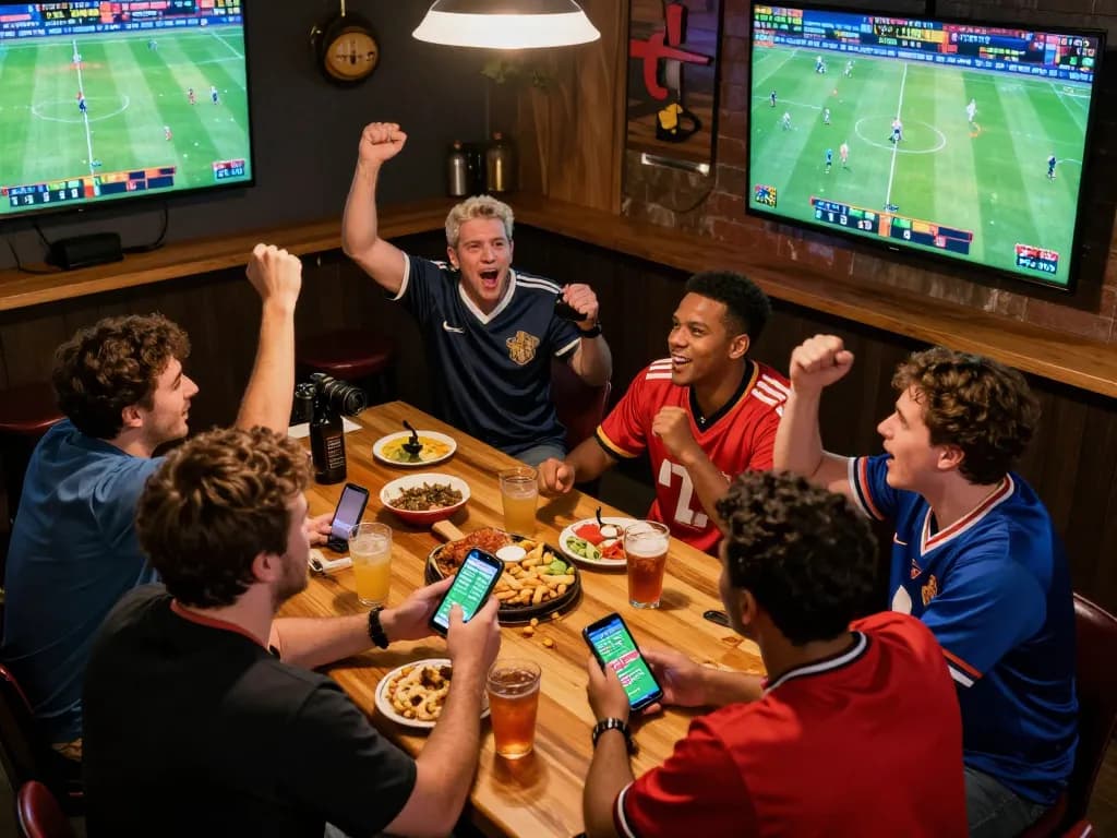 Bongdalu sports fans engaging in live betting while watching a football match in a lively sports bar.