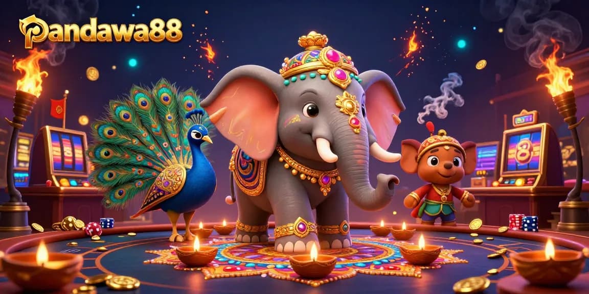 Engage with pandawa88 in a vibrant casino scene featuring a colorful 3D elephant and gaming elements.