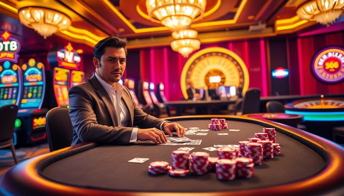 Experience the excitement of SC88 at a luxurious poker table with colorful chips and cards.