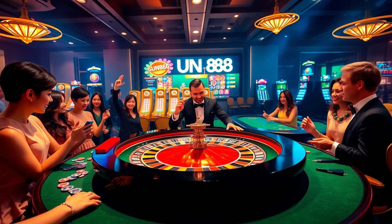 Excited players enjoying the thrill of gambling at a Sun88-themed roulette table.