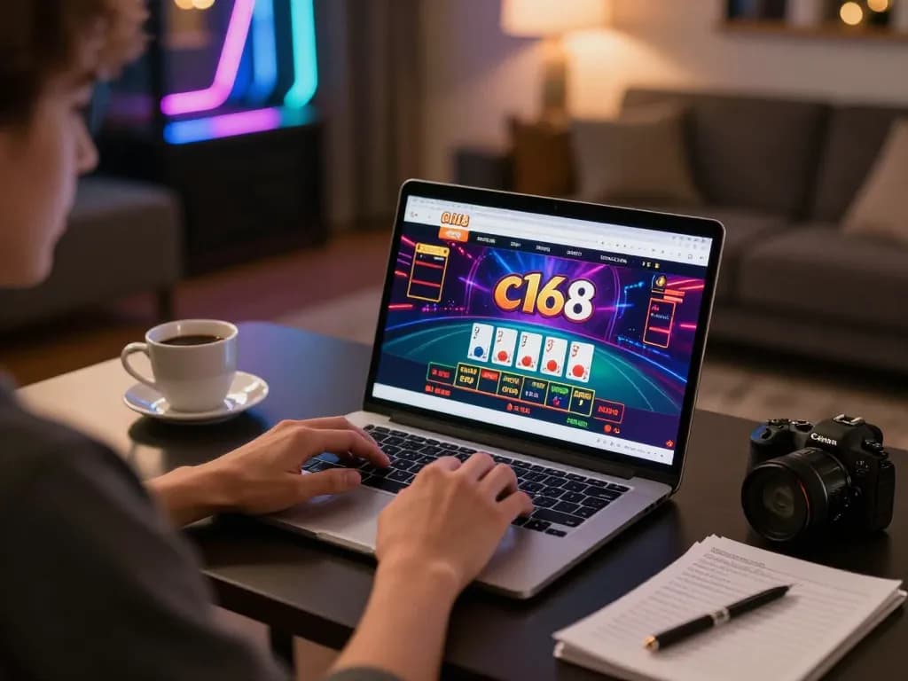 Person engaging in online casino gaming on c168 platform with vibrant interface and strategic notes