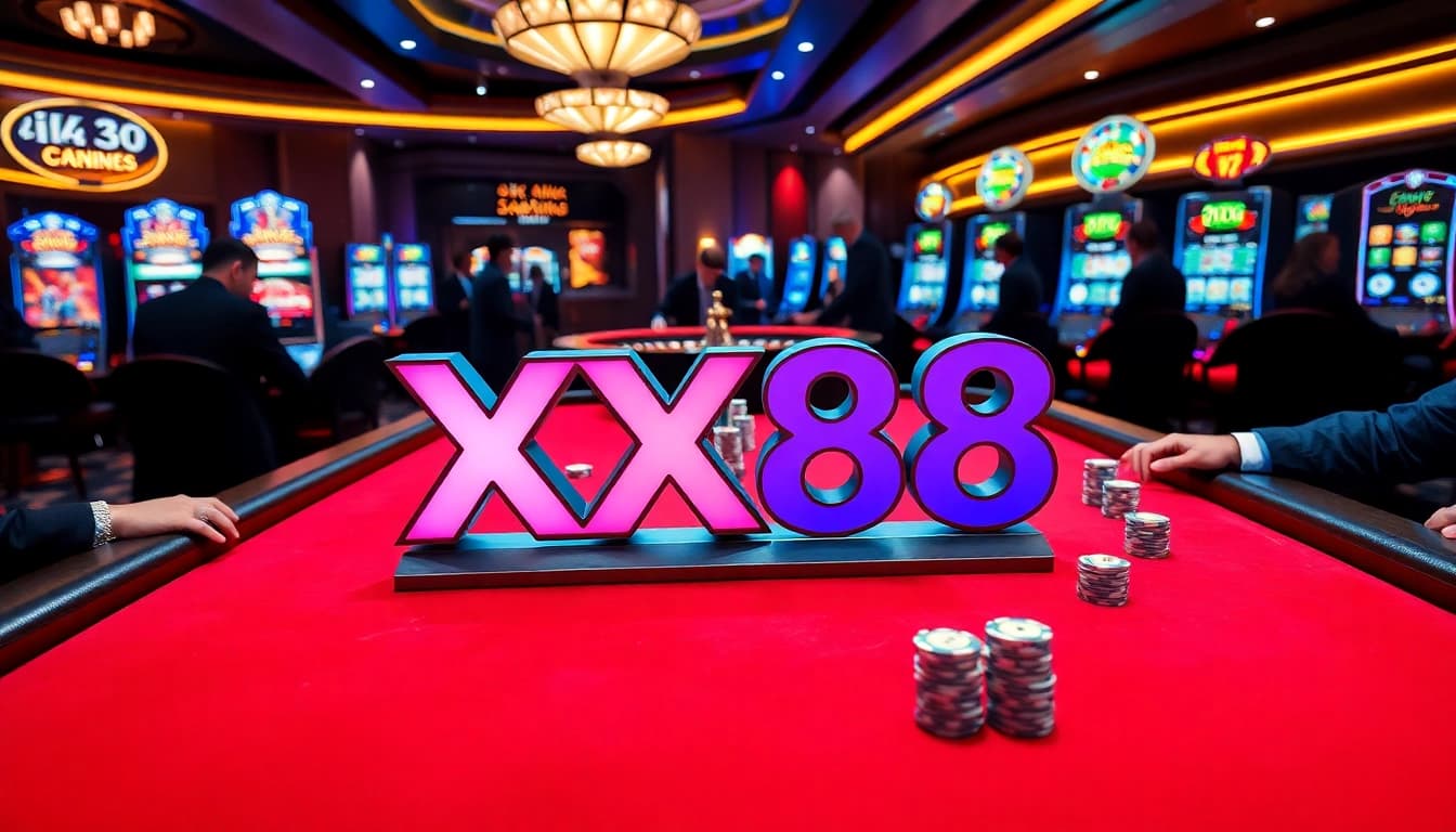 Players enjoying a high-stakes poker game at XX88 casino under vibrant lighting.