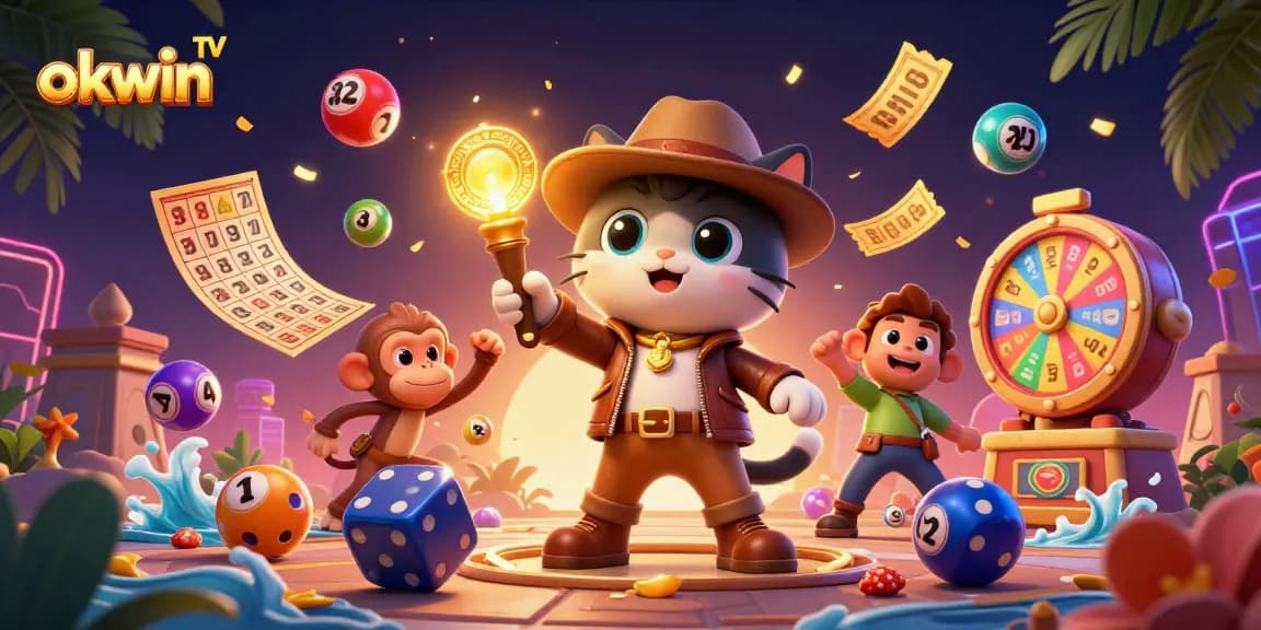 Experience excitement with okwin tv in a vibrant 3D illustration featuring lottery balls and casino elements.
