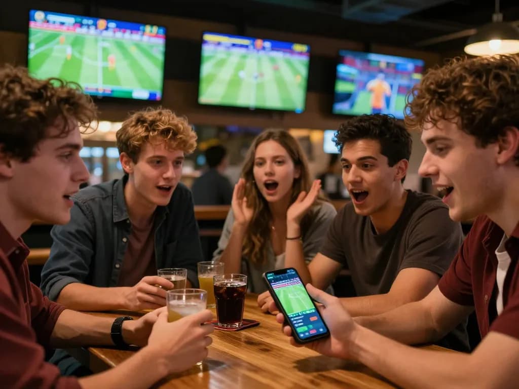 Engaged group analyzing ผลบอลวันนี้ while cheering at a sports bar, smartphone displays betting app.