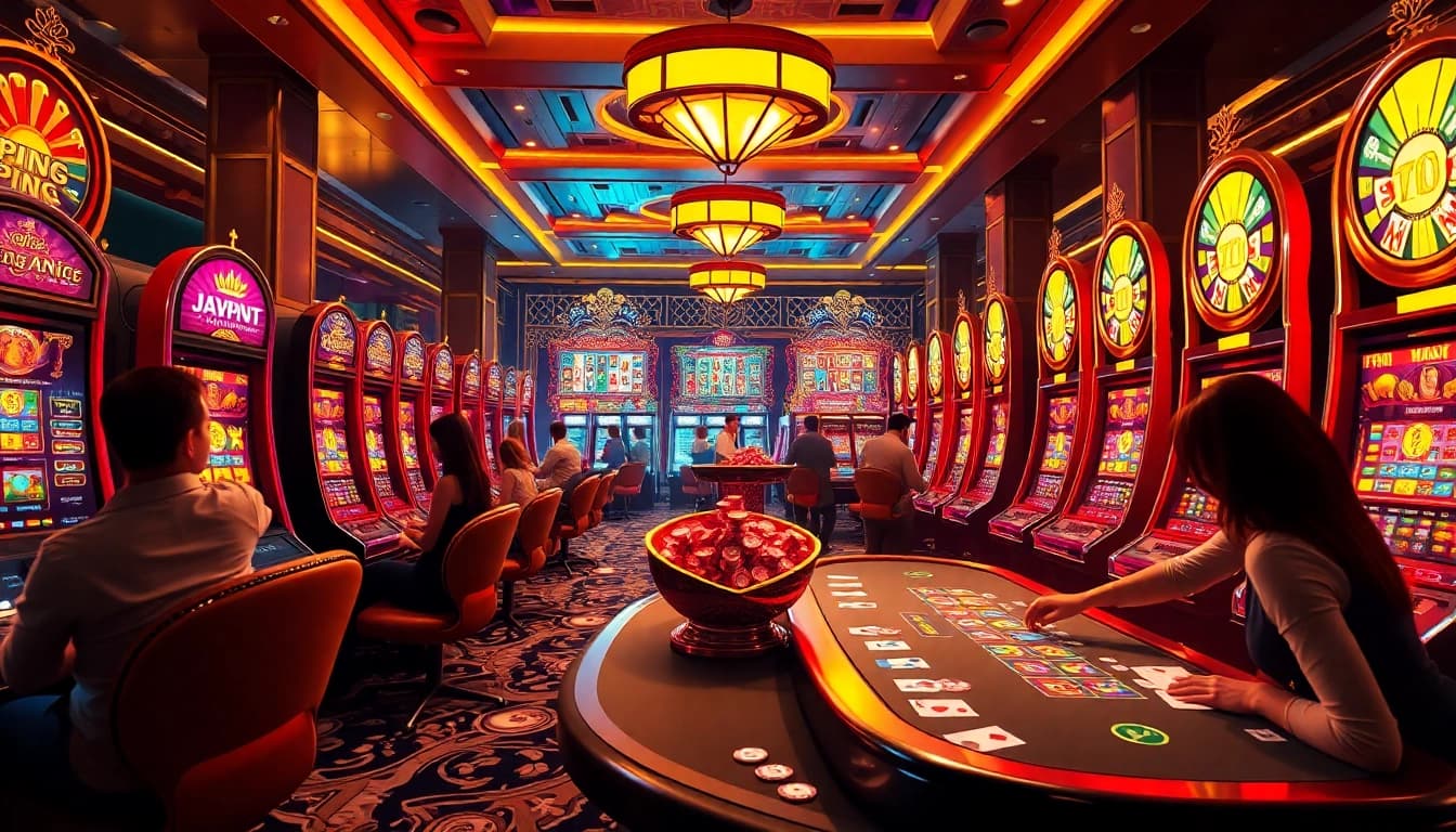 Nổ hũ slots excitedly spinning with vibrant graphics in a upscale casino.