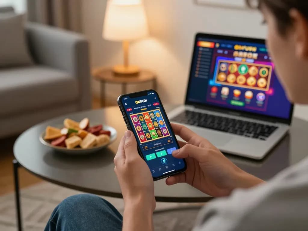 Player enjoying online gambling with the OKFUN app on smartphone in a cozy home setting, showcasing vibrant game graphics.