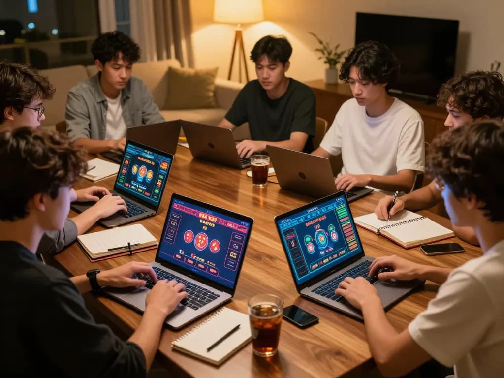 Tài Xỉu Online gameplay experience with players focused on their laptops during a competitive session
