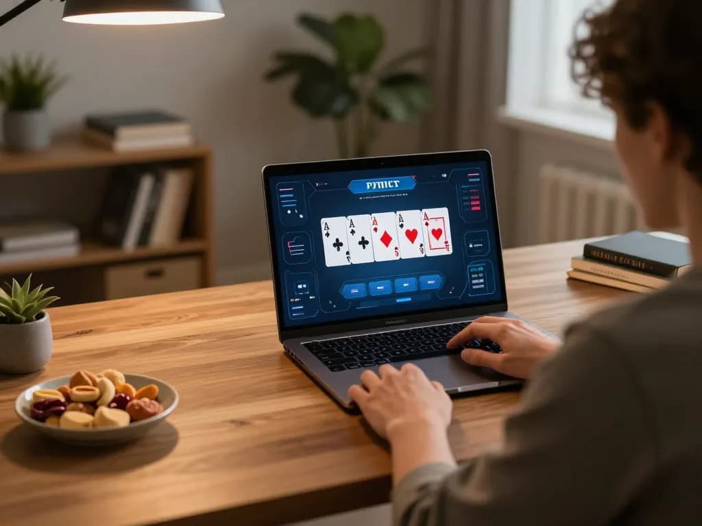 Play poker with F168COM in a cozy home office setup featuring a modern laptop.
