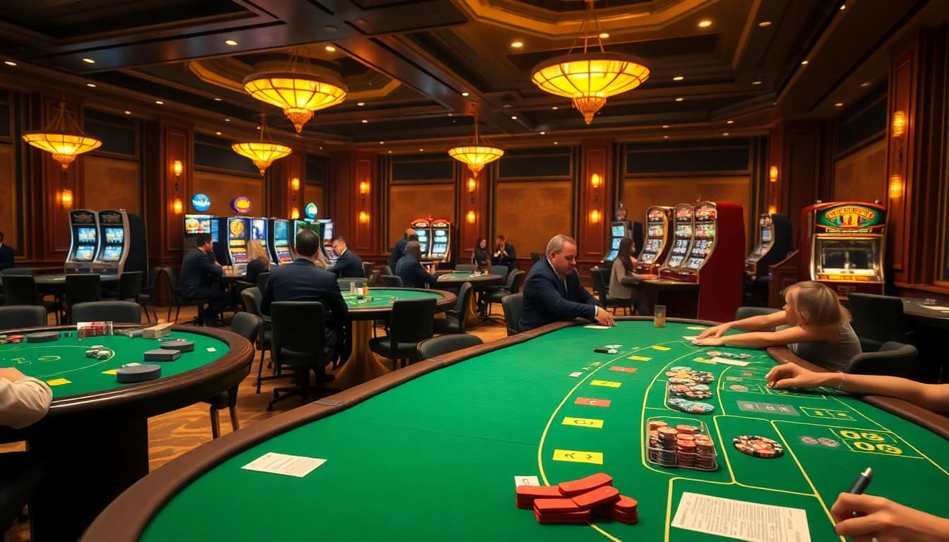 Engaging gamblers analyzing kèo nhà cái at a luxurious casino table with poker chips and cards.
