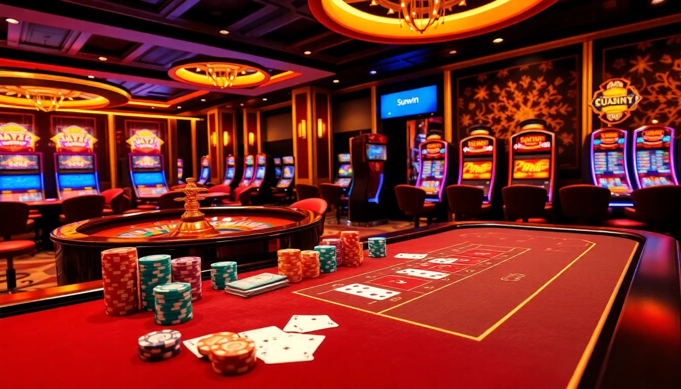 Engage in thrilling gameplay at Sunwin casino with vibrant tables and slot machines.
