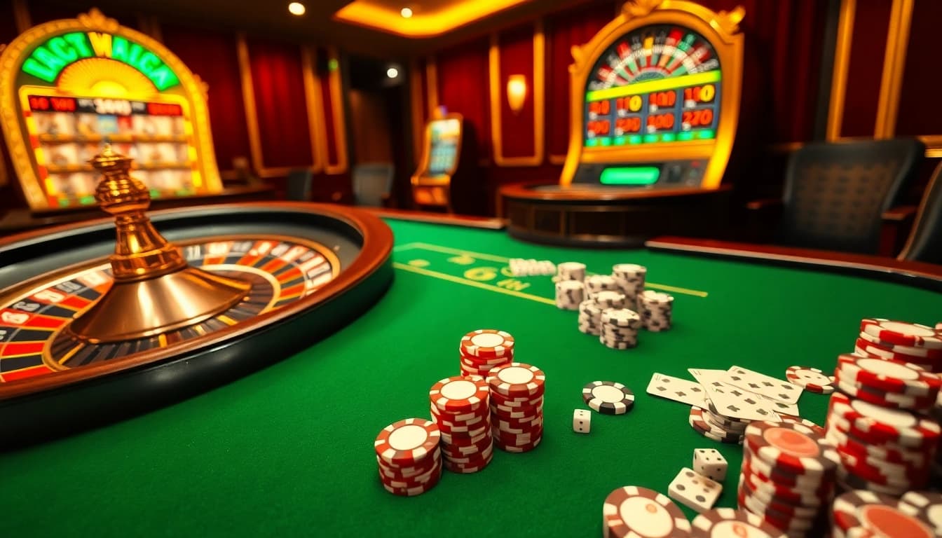 Experience thrilling gaming at https://vu88.ink/ with a vibrant casino ambiance showcasing poker chips and a Roulette wheel.