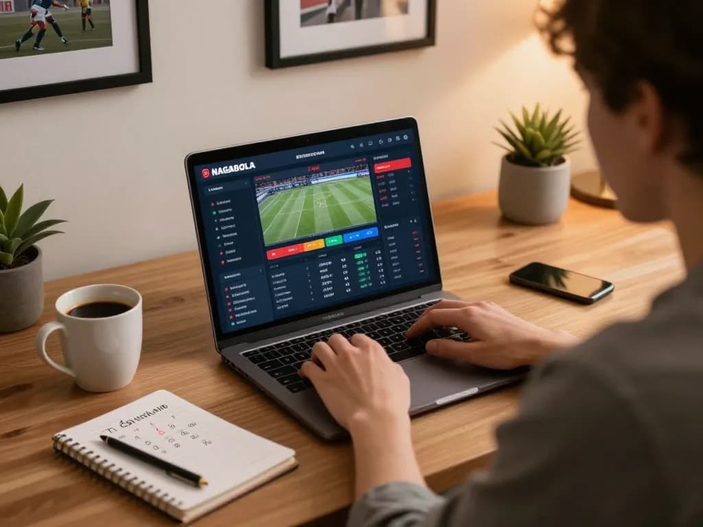 NAGABOLA sports betting interface on a laptop with a cozy home setup and warm lighting.