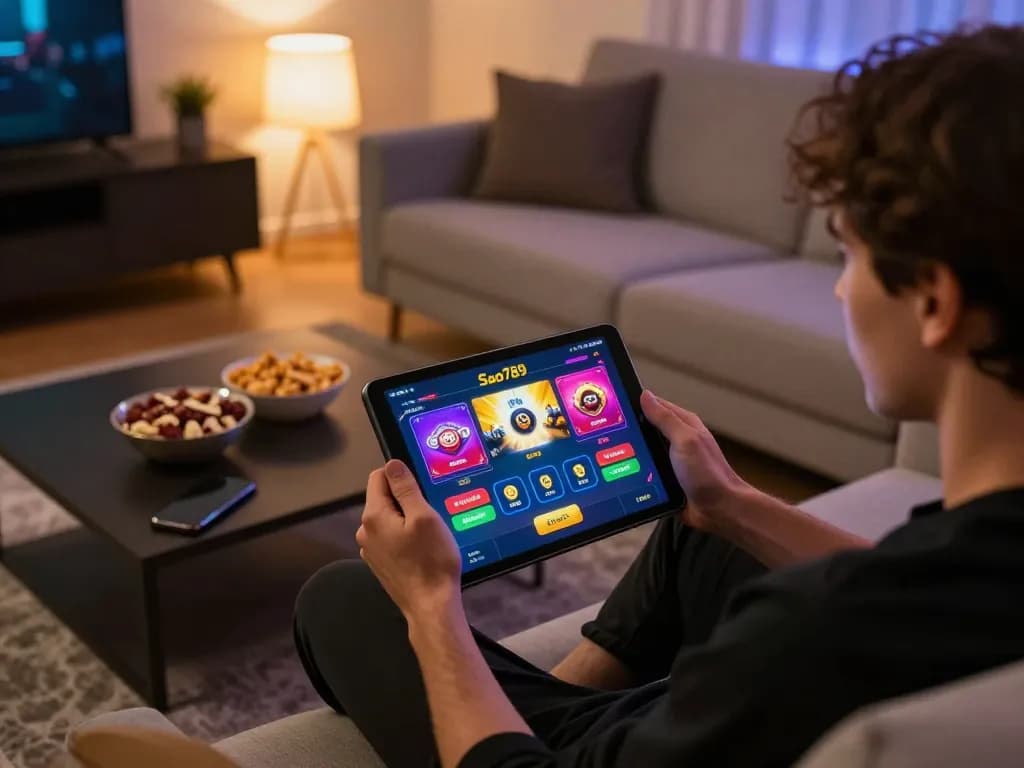 Sao789 player engaging with online casino app on tablet in cozy home setup, highlighting gaming strategy