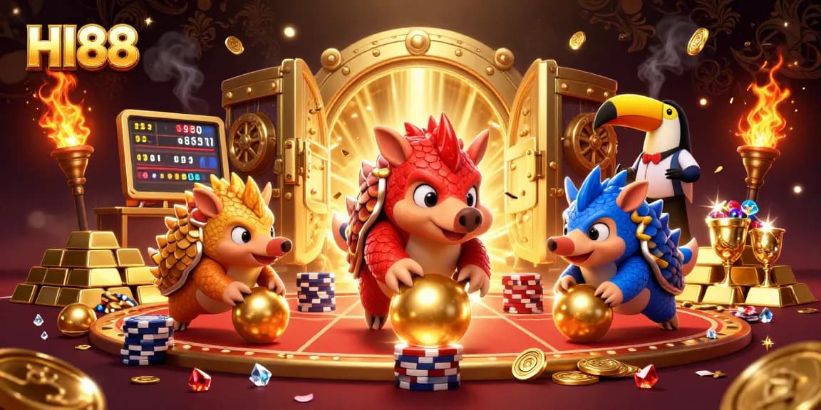 HI88 pangolins bowling through poker chips in a vivid 3D casino scene