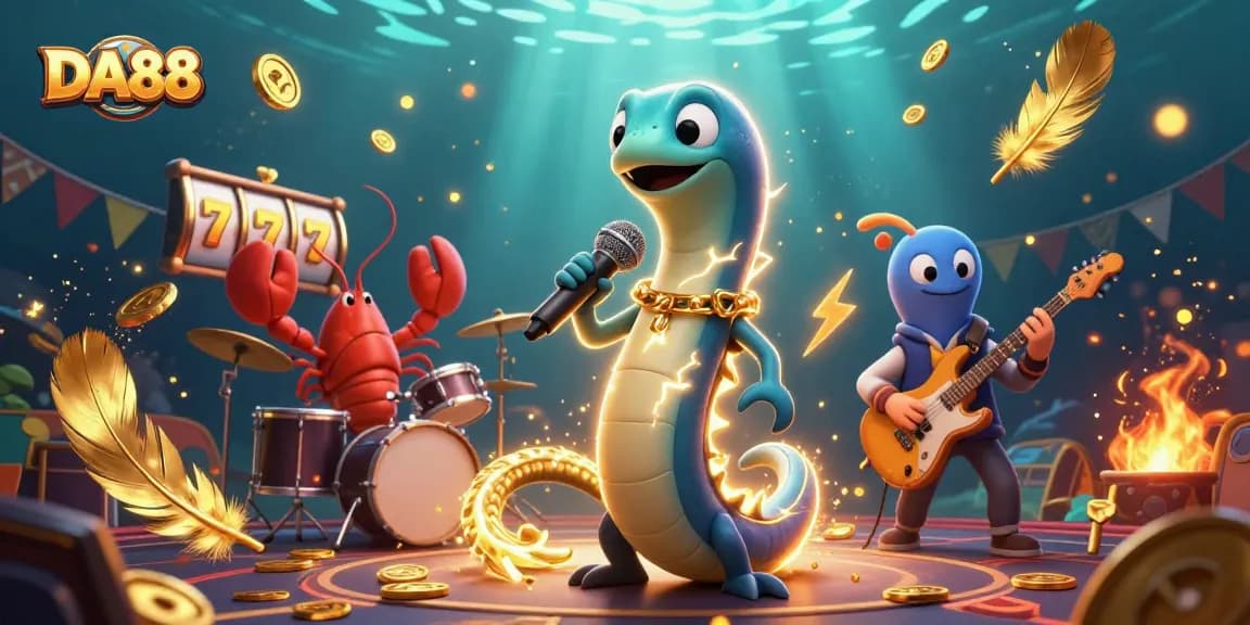 Engaging illustration of DA88 featuring a DJ eel and band performing at an underwater casino.
