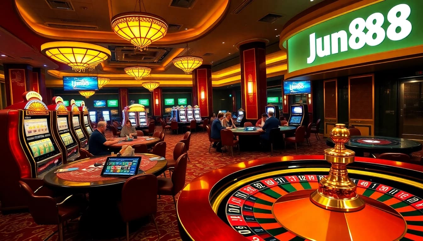 Gamblers enjoying a thrilling experience at https://jun88.now/ with exciting casino games and a vibrant atmosphere.