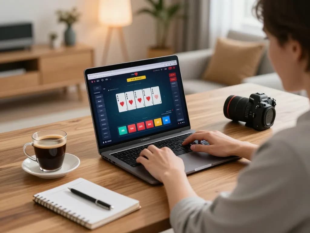 MMOO player engages with poker game on laptop, highlighting responsible gaming in a cozy home setting