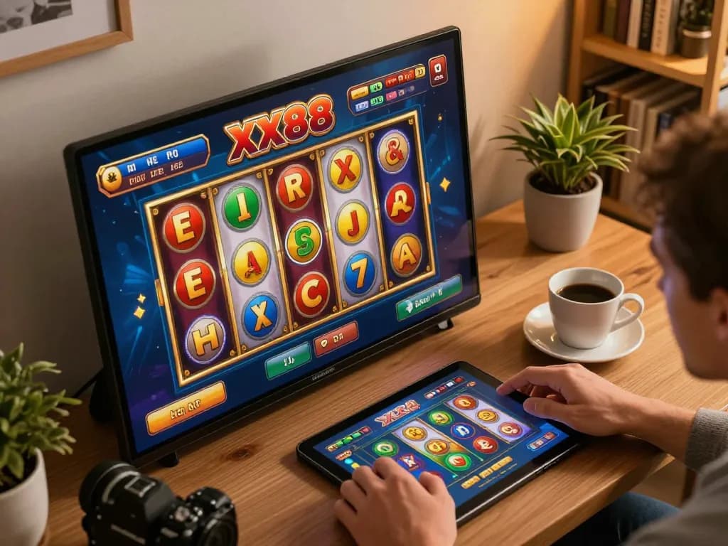Engage with exciting XX88 slots during a cozy home gaming session, showcasing vibrant reels.