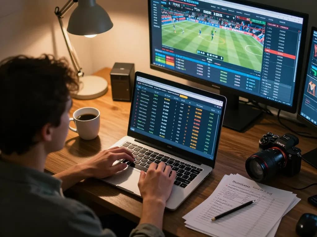 Engaging online sports betting scene with keonhacai5 user analyzing odds and strategies.