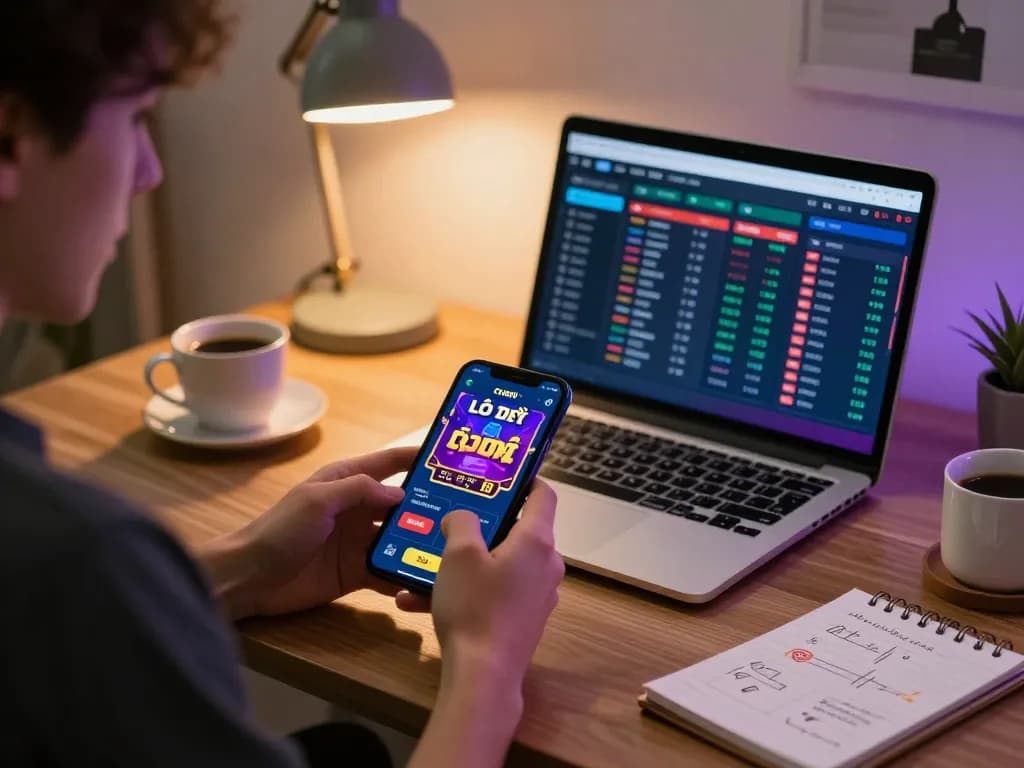 Lô Đề Online betting app displayed on a smartphone, highlighting strategic gameplay in a modern home office.