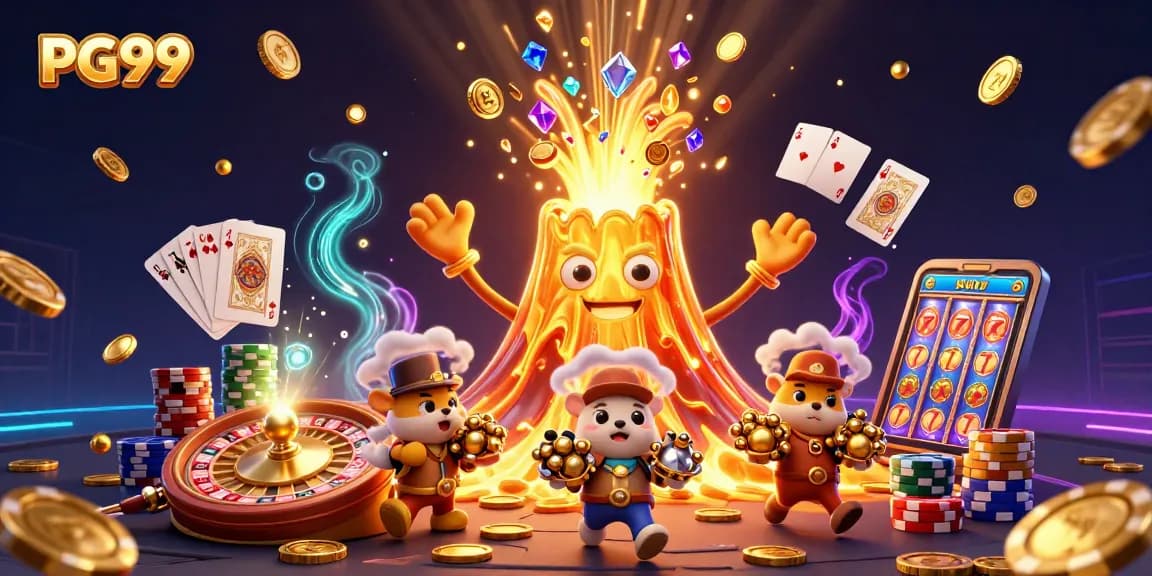 Engage with the exciting PG99 casino, showcasing a vibrant eruption of treasures and gaming elements.