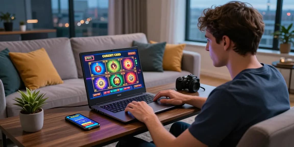 Player enjoying online games at a credit card casino from https://transact.org.uk, showcasing modern home ambiance and thrill.