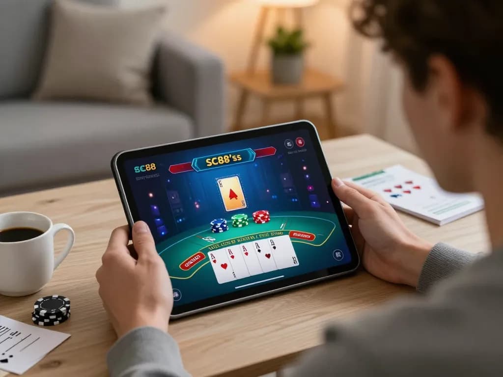 Player enjoying an exciting SC88 live blackjack game on tablet, portraying focused online gaming.