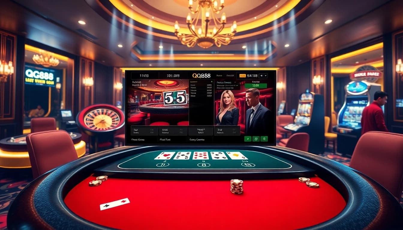 Live gambling action at QQ88 casino with poker chips and cards on display.