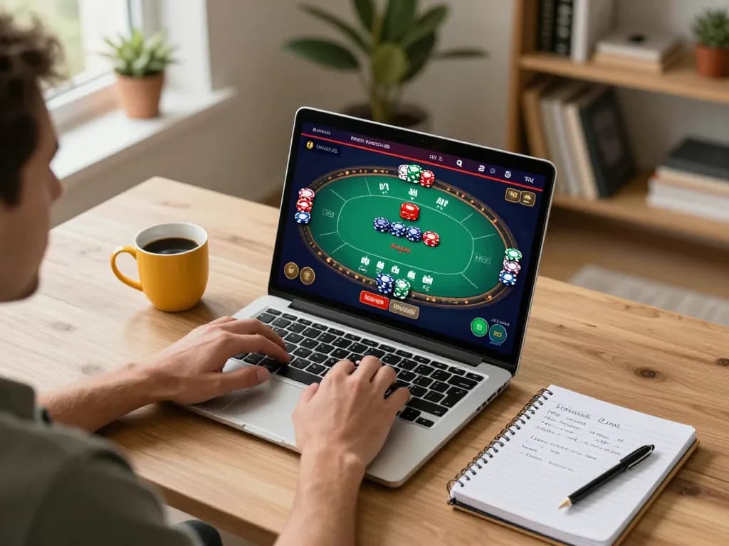 Player analyzing poker strategies and making bets on 23win platform in a cozy home setting.