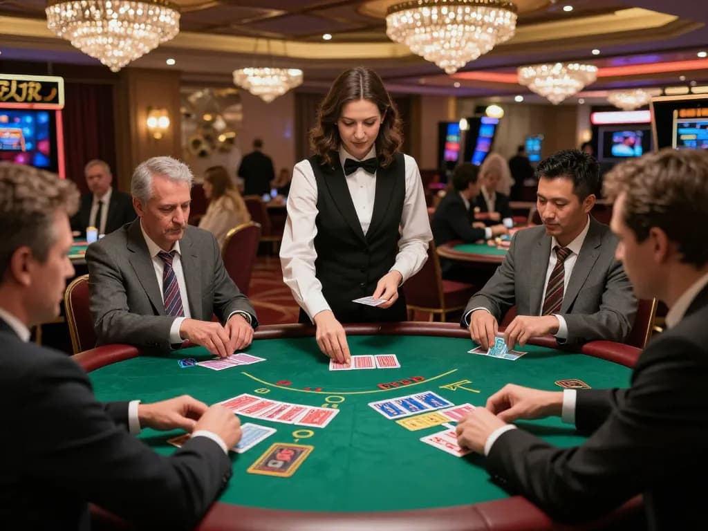 Players strategizing at a blackjack table in LLWIN casino, showcasing dynamic gameplay.