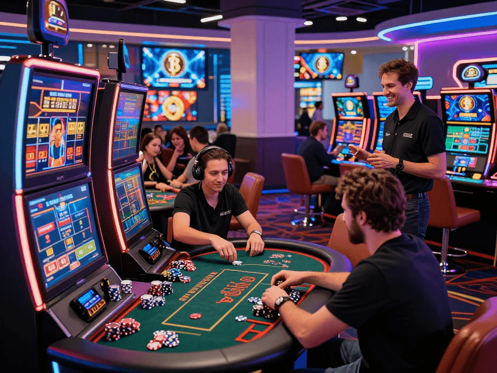 Exciting crypto casino gaming scene with players, neon lights, and digital displays.