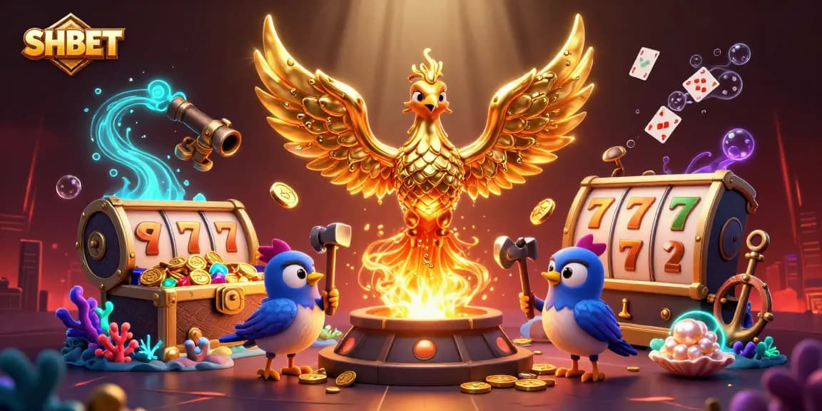 Experience exciting gaming at SHBET with a golden phoenix surrounded by vibrant casino treasures.