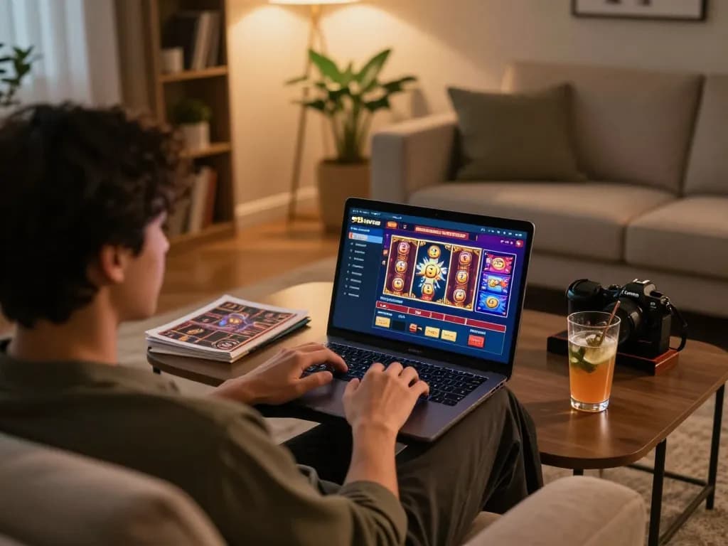 Engaged player exploring slot games on 98win's premium online casino interface from a cozy home setting.